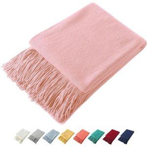 Decorative Knitted Throw Blanket with Fringe, Lightweight Blanket Acrylic Knit